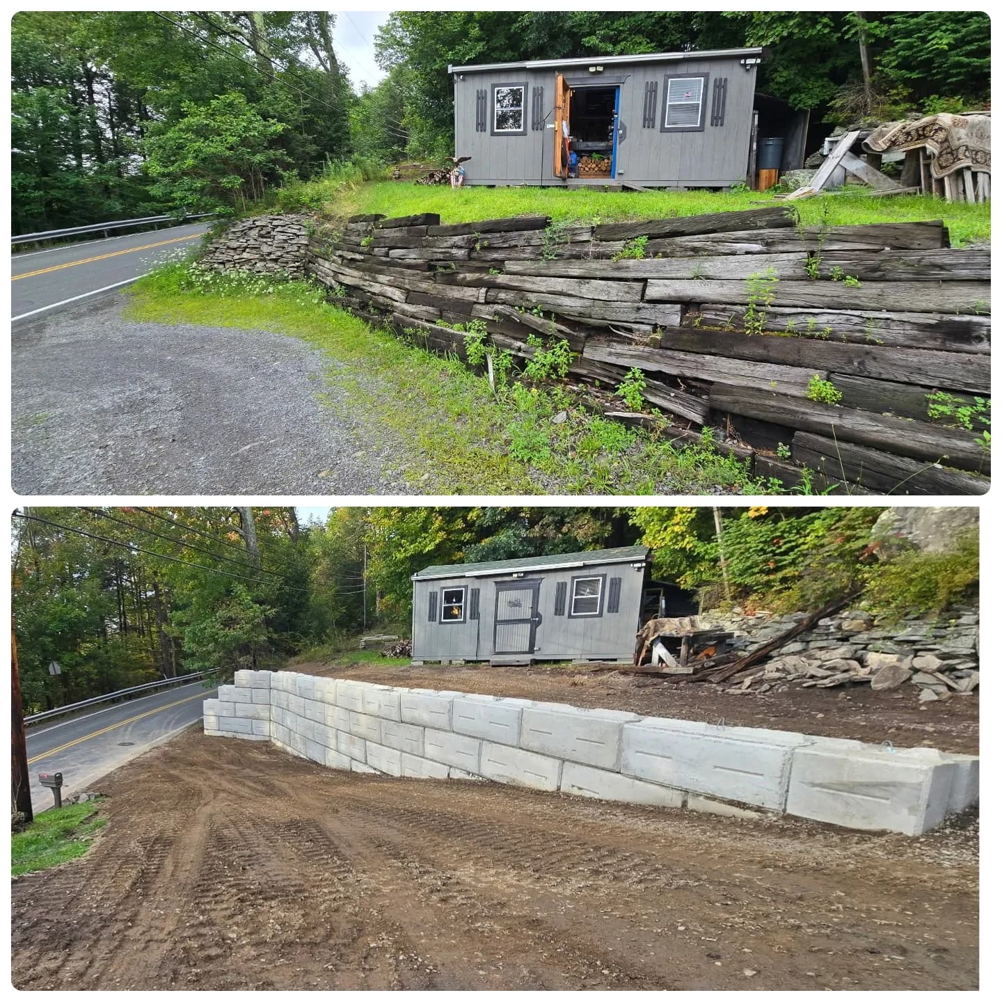 Failing Retaining Wall Replaced with Massive Concrete Block Wall in NEPA